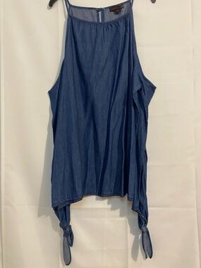 Women’s JW Style Navy Denim Tie-Hem Cold Shoulder Blouse